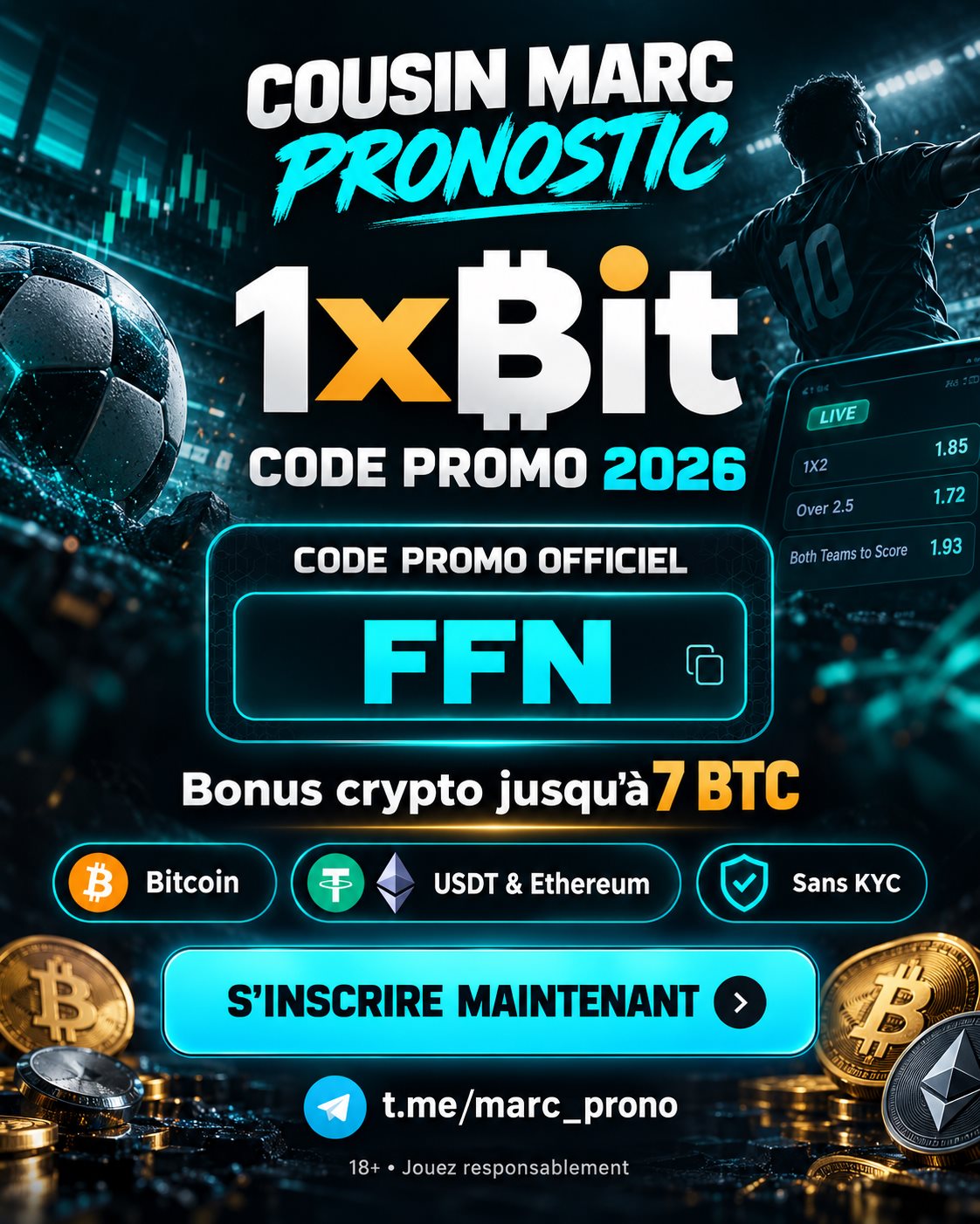 Affiche code promo 1xBit 2026 : FFN — Cousin Marc
