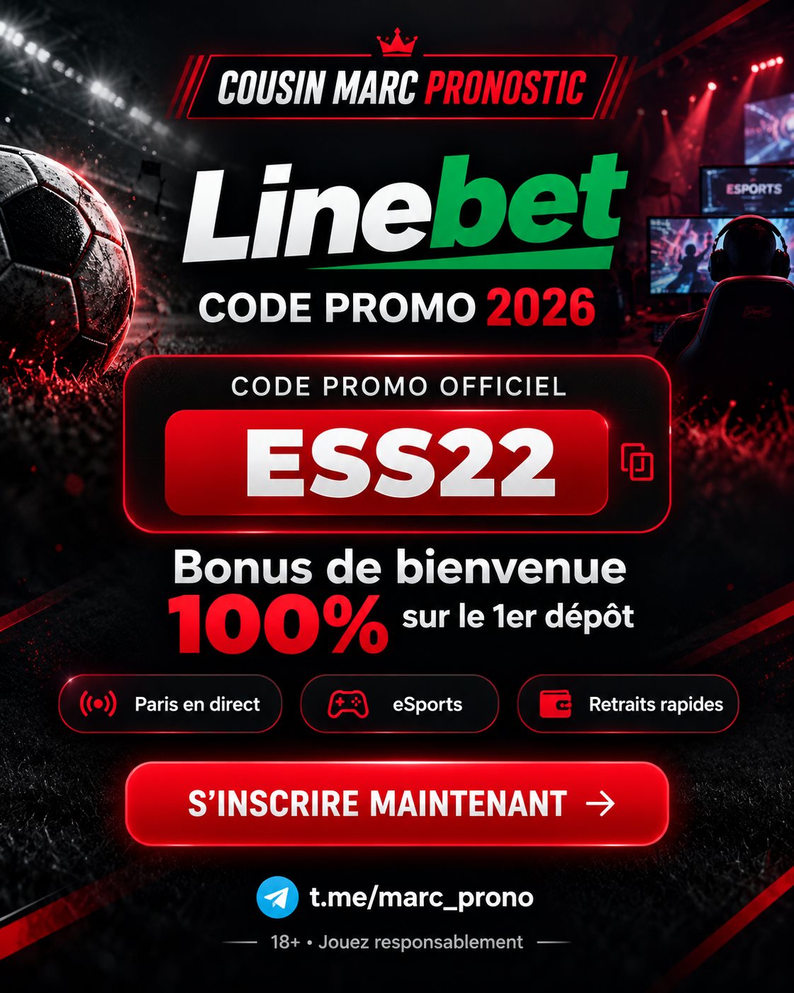 Affiche code promo Linebet 2026 : ESS22 — Cousin Marc