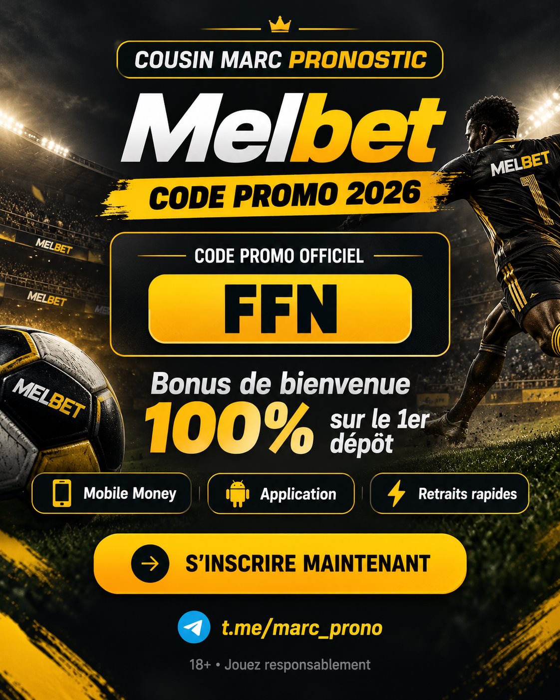Melbet promo code 2026 poster: FFN — Cousin Marc