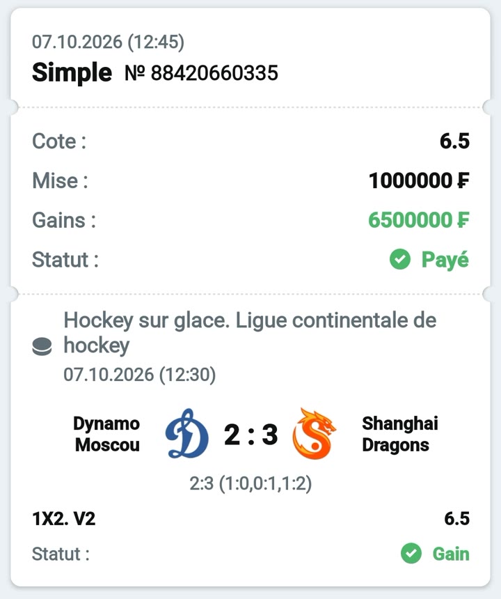 🏒 Dynamo Moscou – Shanghai Dragons — @6.5 — Cousin Marc