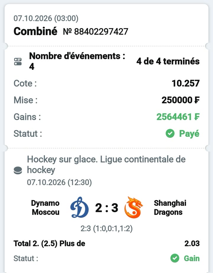 🏒 Combiné KHL (4 matchs) — @10.25 — Cousin Marc