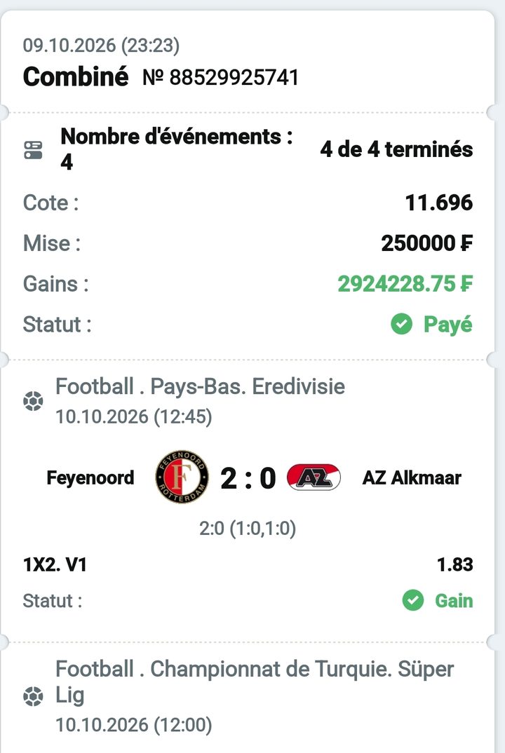 ⚽ Combiné (4 matchs) Feyenoord – AZ… — @11.69 — Cousin Marc