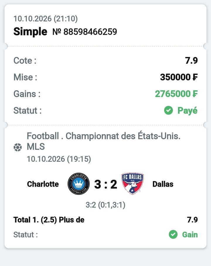 ⚽ Charlotte – Dallas (Total Charlotte +2.5) — @7.9 — Cousin Marc
