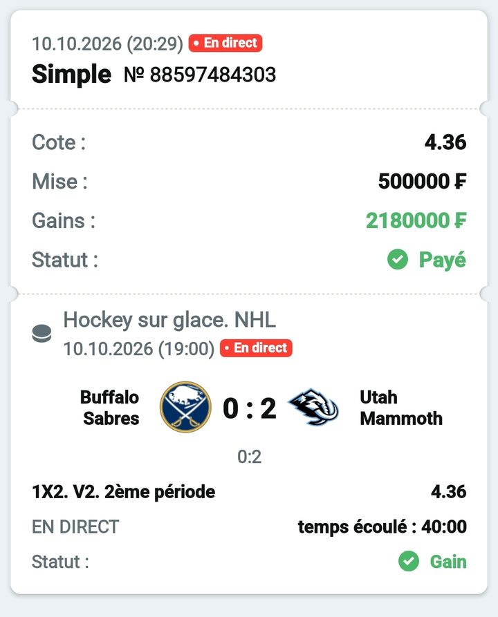 🏒 Buffalo Sabres – Utah Mammoth — @4.36 — Cousin Marc
