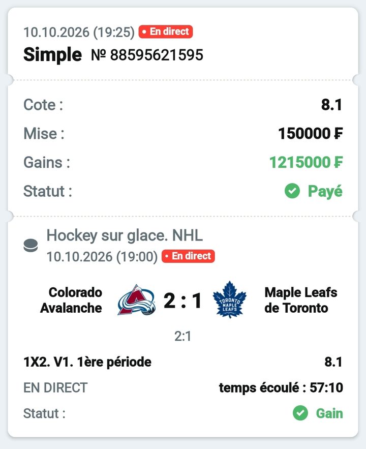 🏒 Colorado – Toronto (1ère période) — @8.1 — Cousin Marc