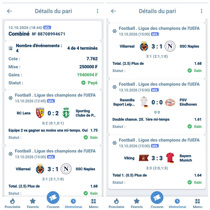 ⚽ Combiné Ligue des champions (4 matchs) : Lens – Sporting · Villarreal – Naples · Leipzig – PSV · Viking – Bayern — @7.76 — Cousin Marc