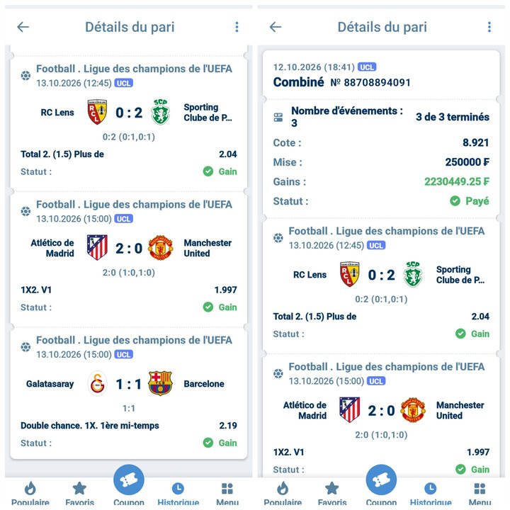 ⚽ Combiné Ligue des champions : Lens – Sporting · Atlético – Man Utd · Galatasaray – Barça — @8.92 — Cousin Marc