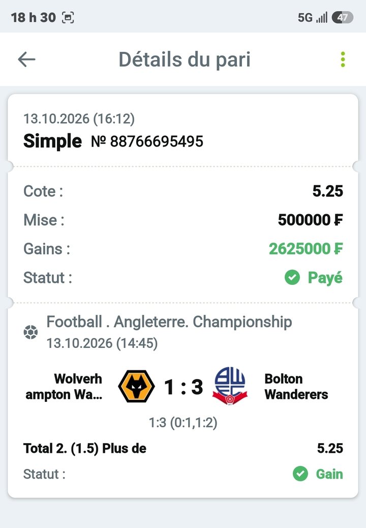 ⚽ Wolves – Bolton (Bolton +1.5 buts) — @5.25 — Cousin Marc
