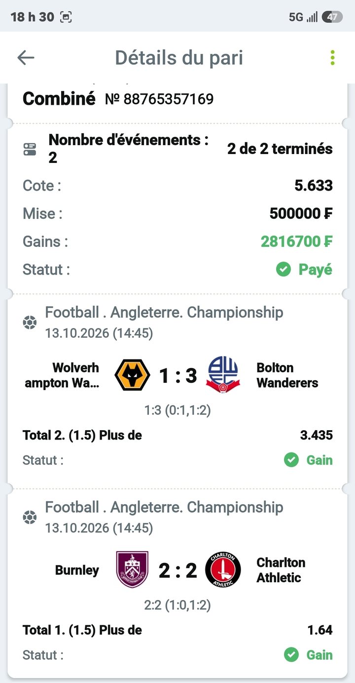 ⚽ Combiné Championship : Wolves – Bolton · Burnley – Charlton — @5.63 — Cousin Marc
