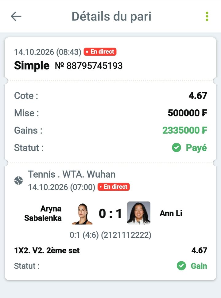 🎾 Sabalenka – Ann Li (2e set Ann Li, en direct) — @4.67 — Cousin Marc