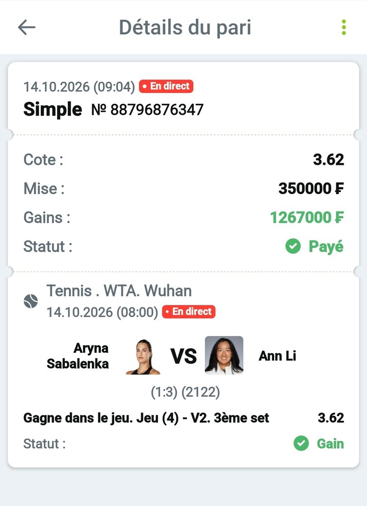 🎾 Sabalenka – Ann Li (jeu du 3e set, en direct) — @3.62 — Cousin Marc