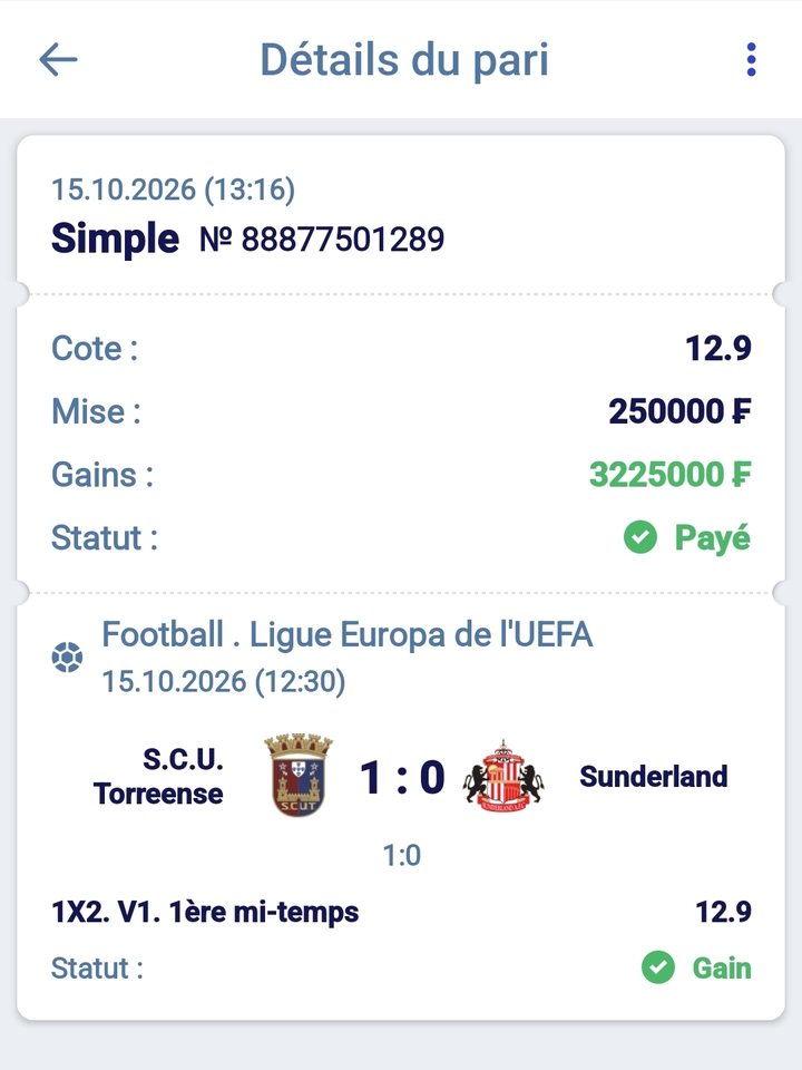 ⚽ Torreense – Sunderland (Ligue Europa, Torreense 1re mi-temps) — @12.9 — Cousin Marc