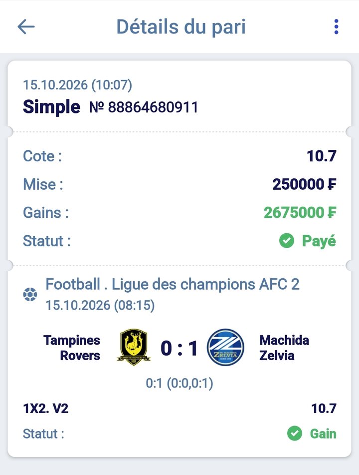 ⚽ Tampines Rovers – Machida Zelvia (Ligue des champions AFC 2) — @10.7 — Cousin Marc