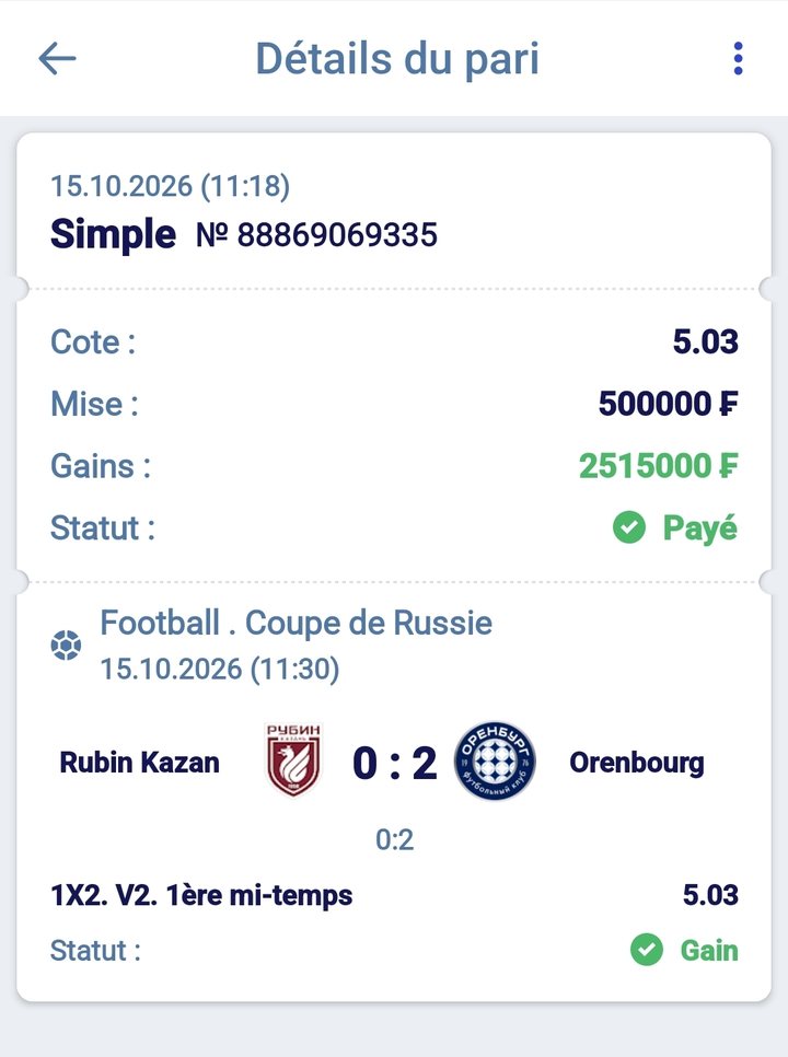 ⚽ Rubin Kazan – Orenbourg (Coupe de Russie, Orenbourg 1re mi-temps) — @5.03 — Cousin Marc