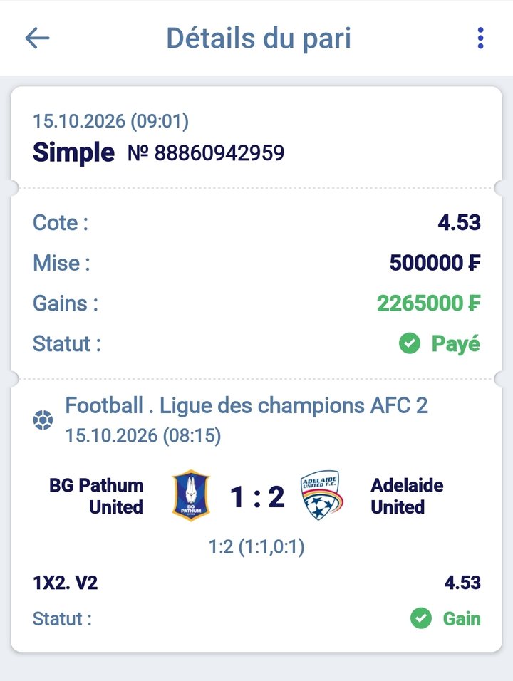 ⚽ BG Pathum – Adelaide United (Ligue des champions AFC 2) — @4.53 — Cousin Marc