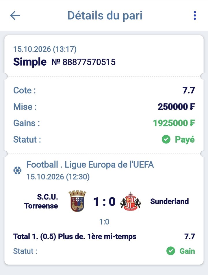 ⚽ Torreense – Sunderland (Torreense +0,5 but 1re mi-temps) — @7.7 — Cousin Marc