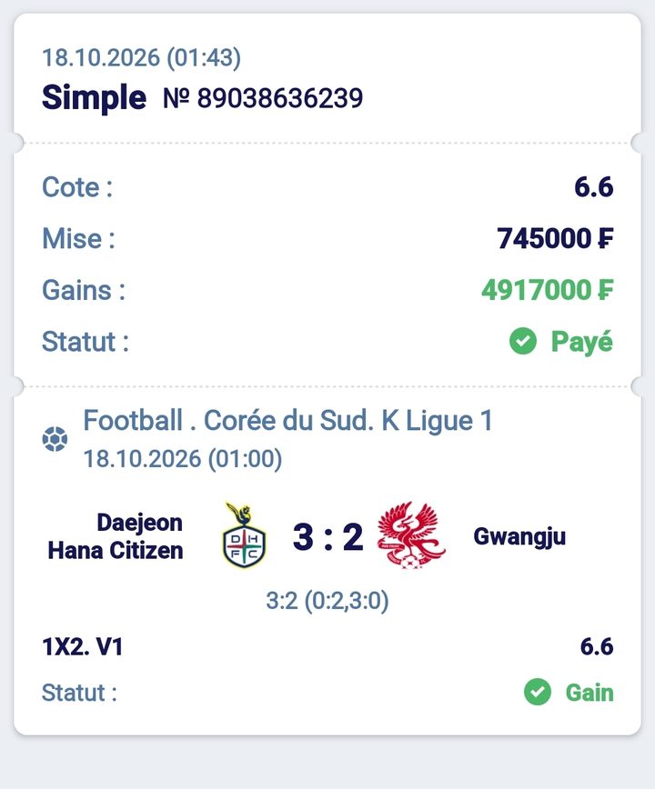 ⚽ Daejeon Hana Citizen – Gwangju (K League 1) — @6.6 — Cousin Marc