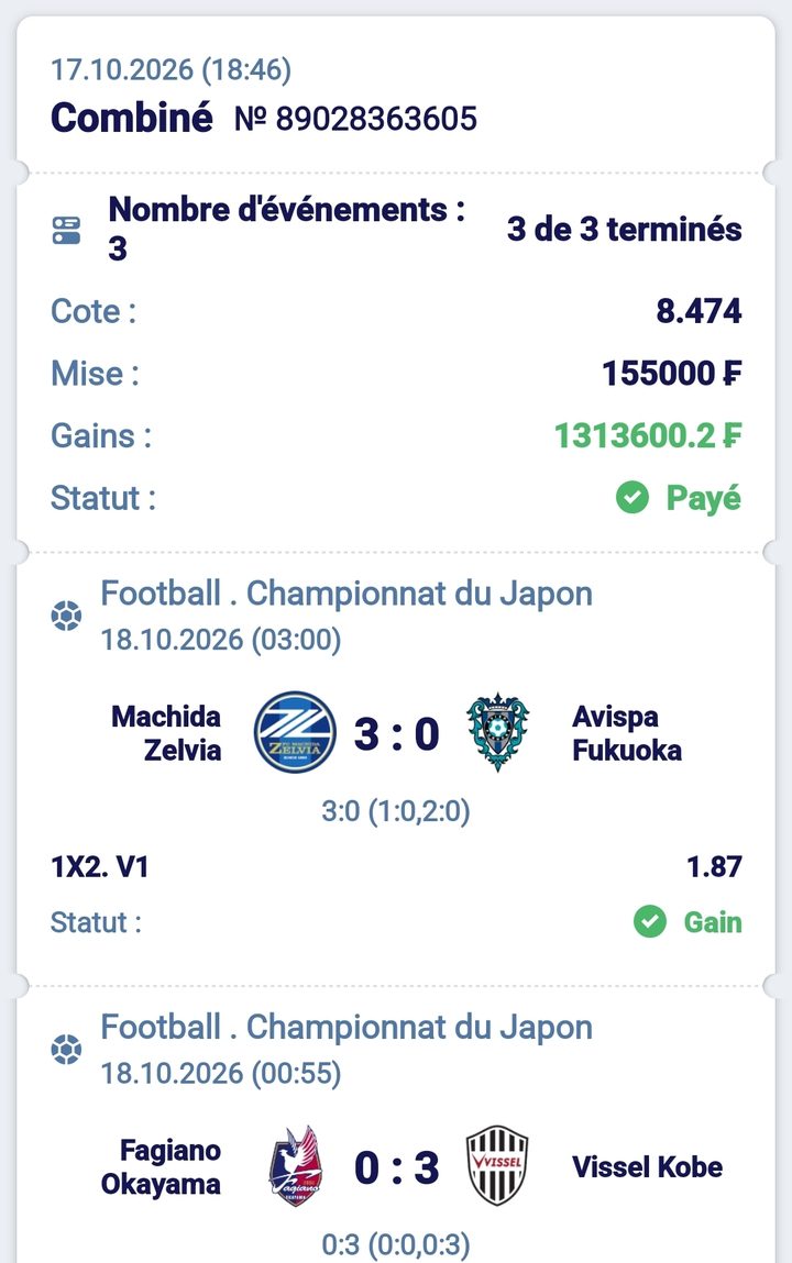 ⚽ Combiné (3 matchs) Machida Zelvia – Avispa Fukuoka… — @8.47 — Cousin Marc