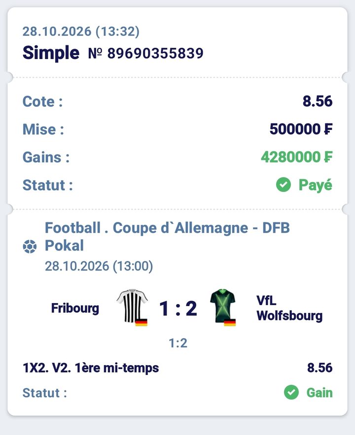 ⚽ Fribourg – Wolfsbourg (Coupe d'Allemagne, Wolfsbourg 1re mi-temps) — @8.56 — Cousin Marc