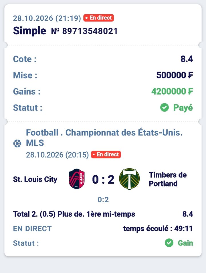 ⚽ St. Louis City – Portland Timbers (MLS, Portland marque en 1re mi-temps) — @8.4 — Cousin Marc