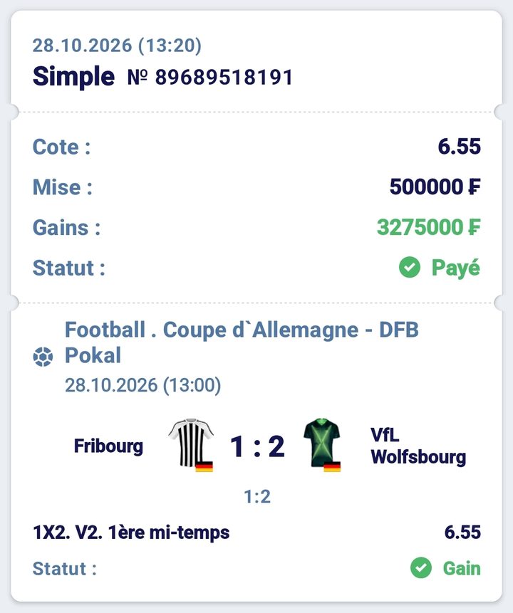 ⚽ Fribourg – Wolfsbourg (Coupe d'Allemagne, Wolfsbourg 1re mi-temps) — @6.55 — Cousin Marc