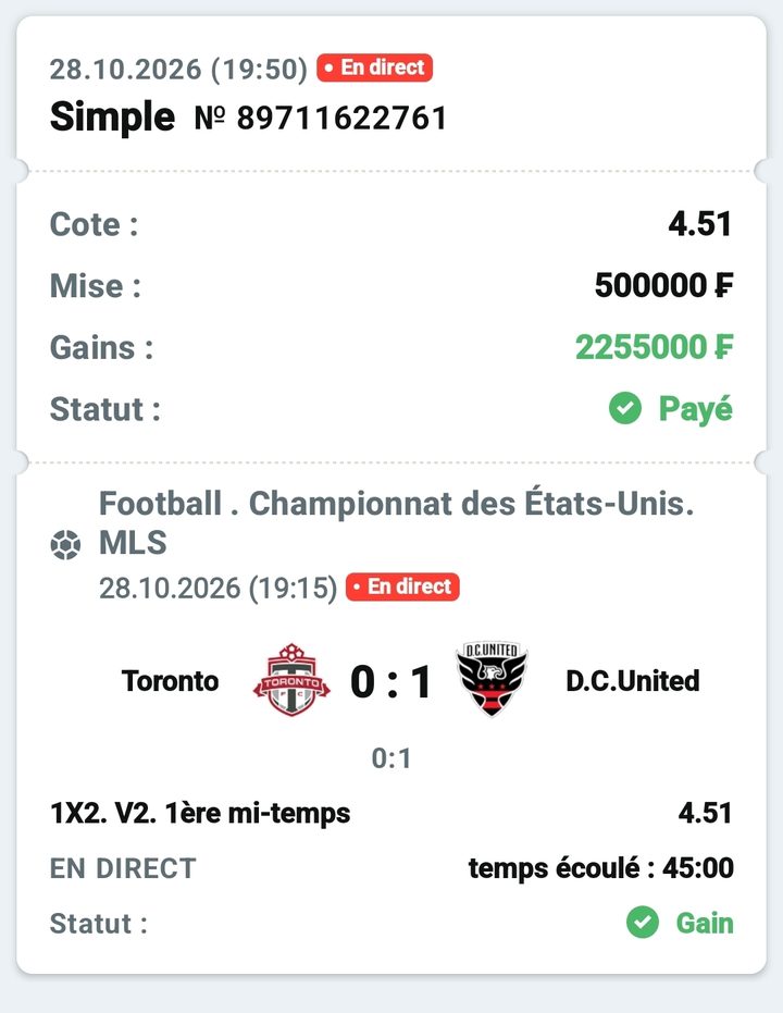 ⚽ Toronto – D.C. United (MLS, D.C. United 1re mi-temps) — @4.51 — Cousin Marc
