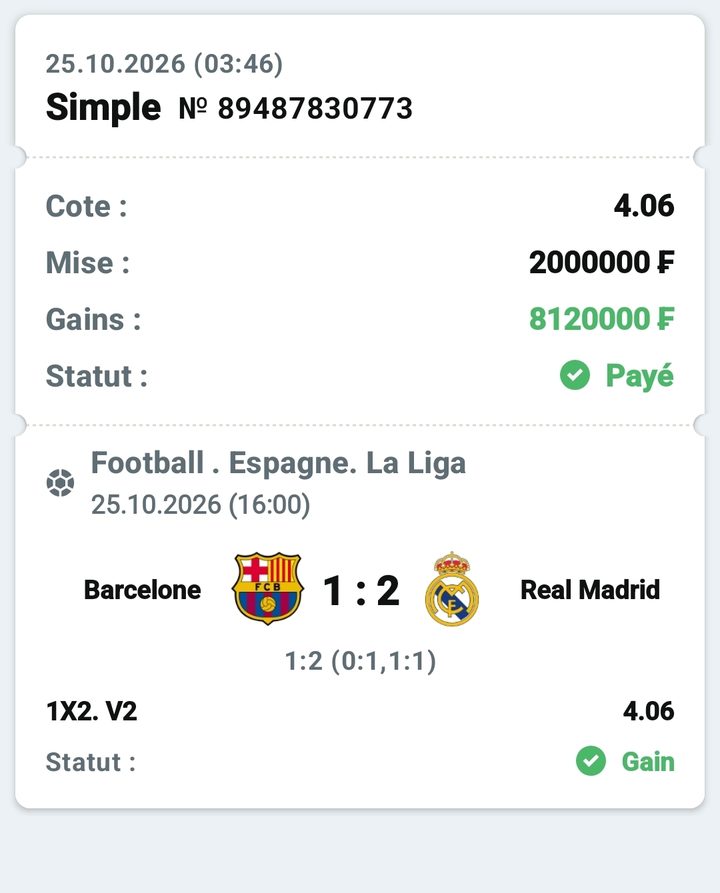 ⚽ Barcelone – Real Madrid (Clásico, victoire du Real) — @4.06 — Cousin Marc