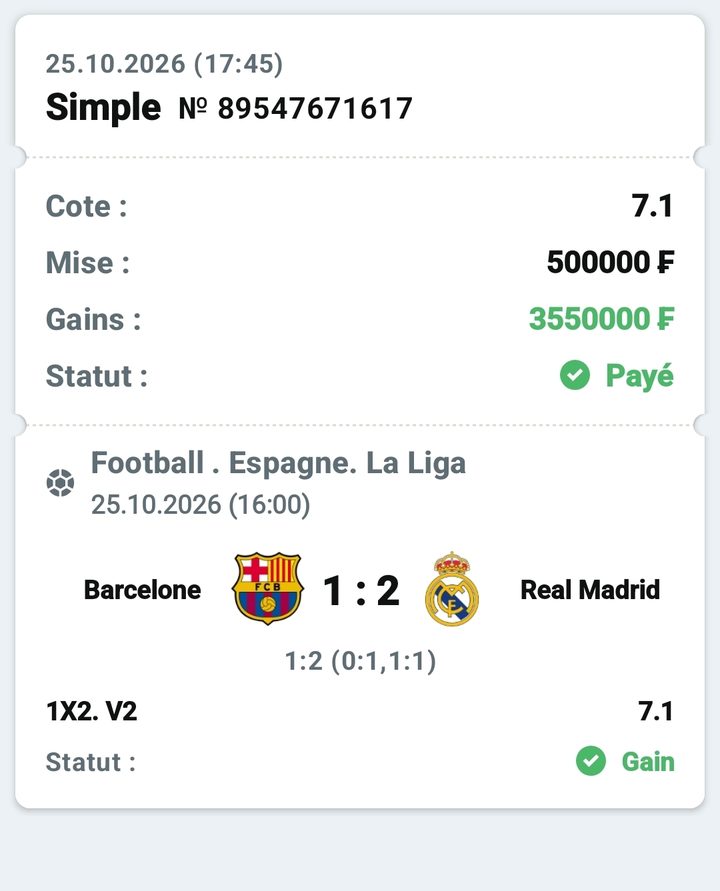 ⚽ Barcelone – Real Madrid (Clásico, victoire du Real) — @7.1 — Cousin Marc